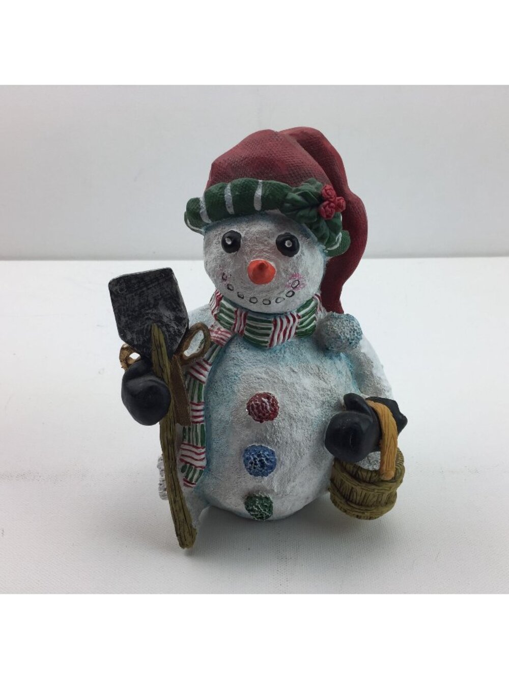 Holiday Snowman Figurine Red Hat & Shovel Christmas Decor Pail Scarf Statue